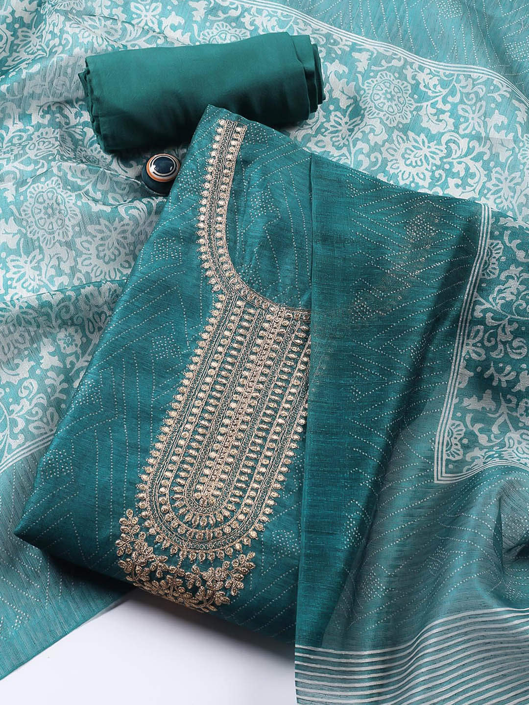 Neck Embroidered Tussar Unstitched Suit Piece With Dupatta