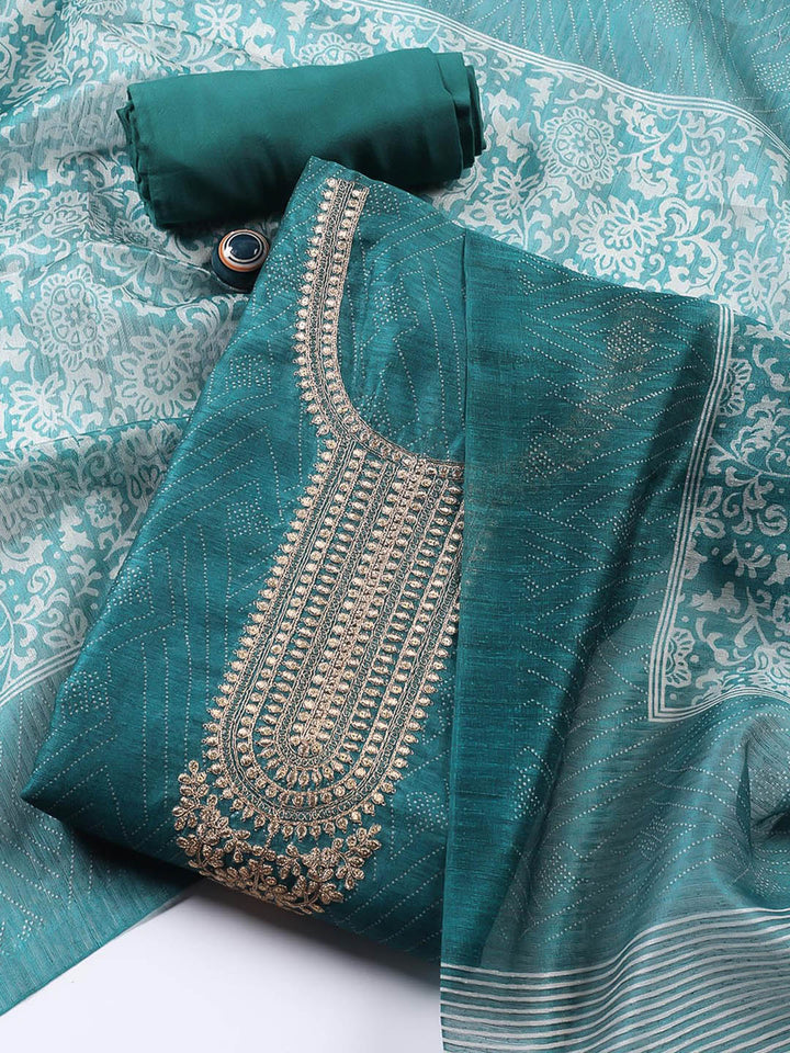 Neck Embroidered Tussar Unstitched Suit Piece With Dupatta