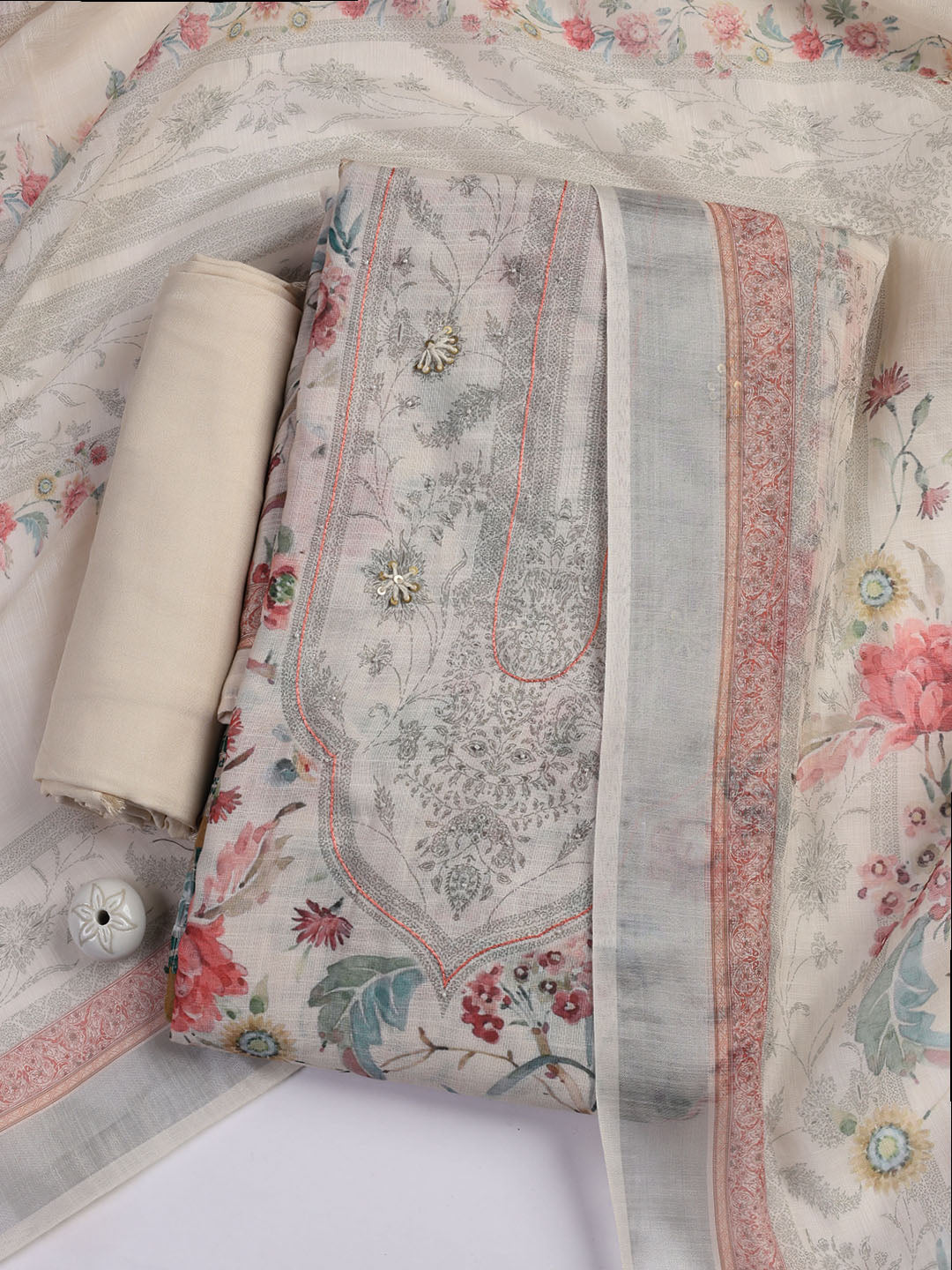 Floral Printed Linen Unstitched Suit Piece With Dupatta
