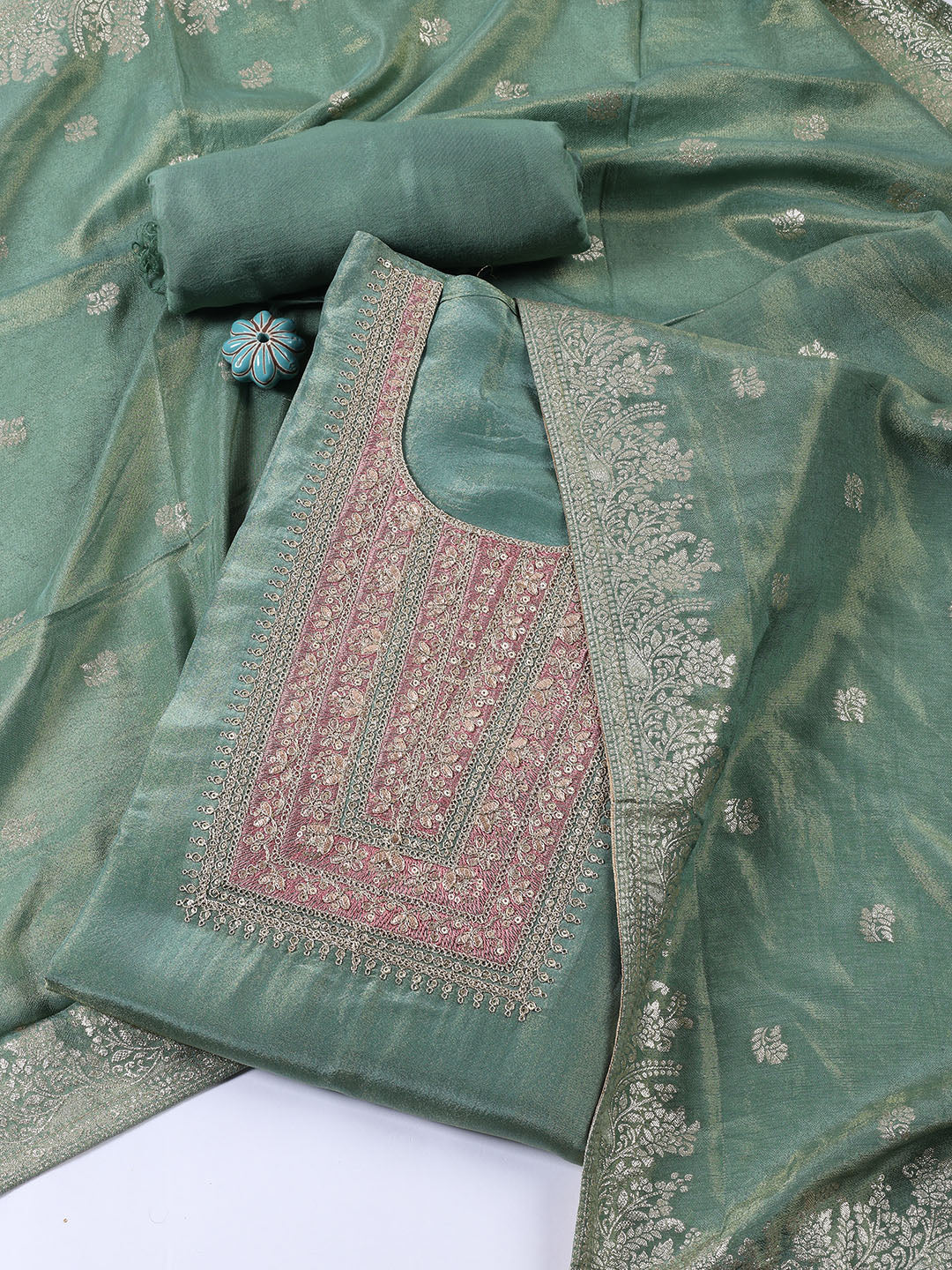 Neck Embroidered Tissue Unstitched Suit With Dupatta