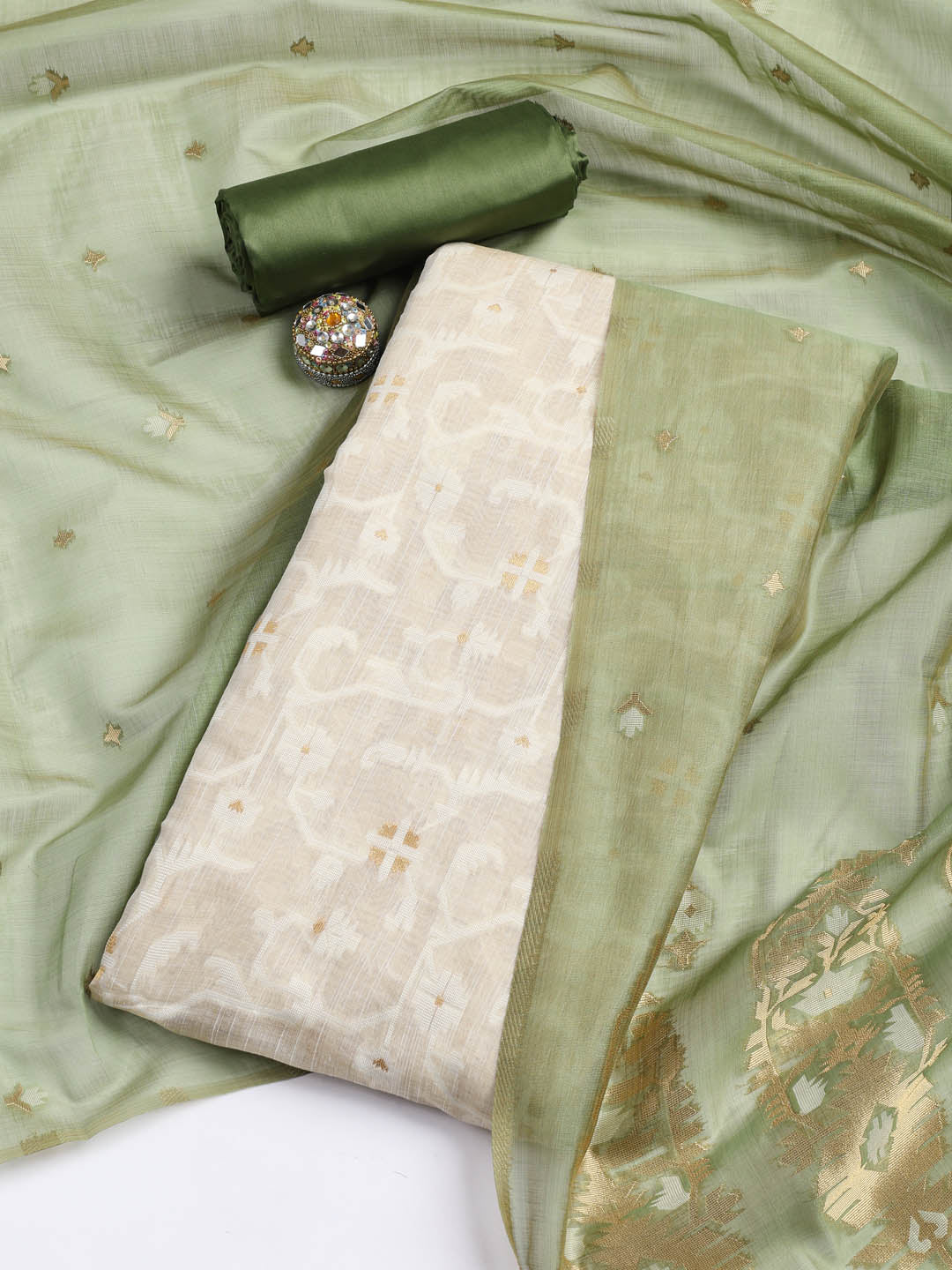 Jamdani Work Chanderi Unstitched Suit Piece With Dupatta