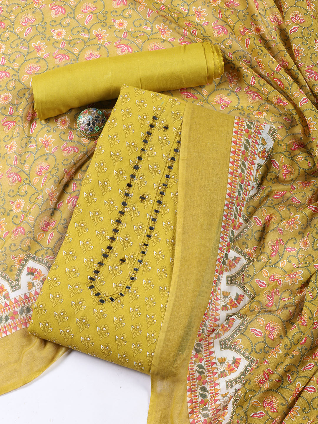 Printed Cotton Blend Unstitched Suit With Dupatta