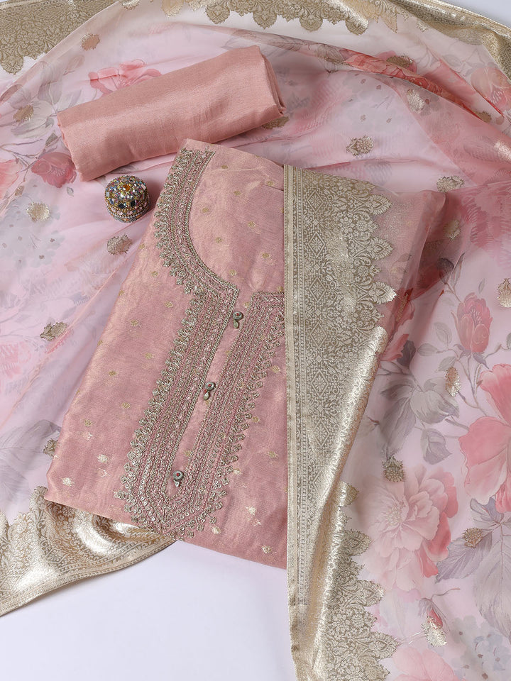 Neck Embroidered Tissue Unstitched Suit Piece With Dupatta
