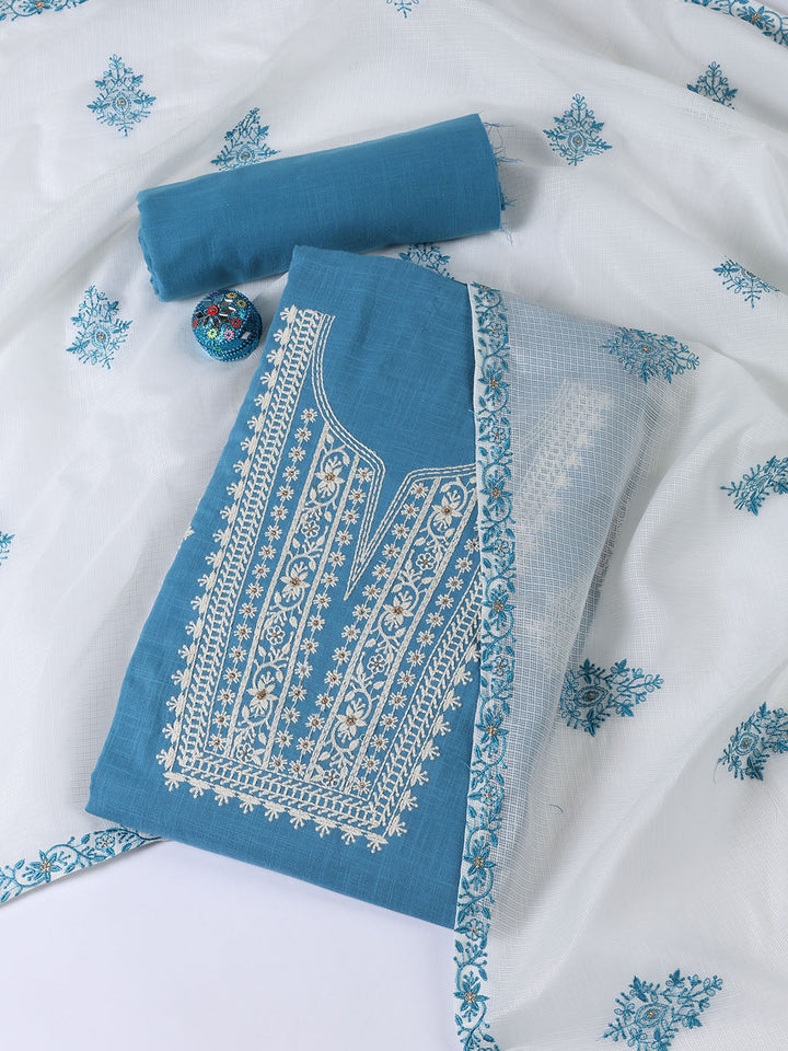 Neck Embroidered Cotton Blend Unstitched Suit Piece With Dupatta