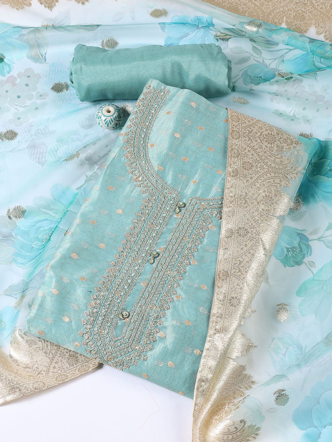 Neck Embroidered Tissue Unstitched Suit Piece With Dupatta