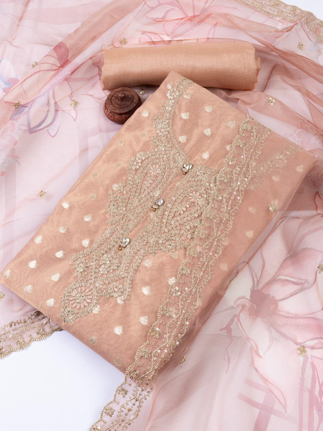 Neck Embroidered Tissue Unstitched Suit Piece With Dupatta