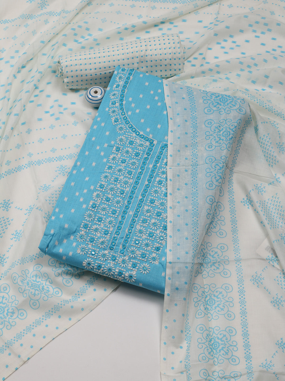 Neck Embroidered Cotton Blend Unstitched Suit Piece With Dupatta