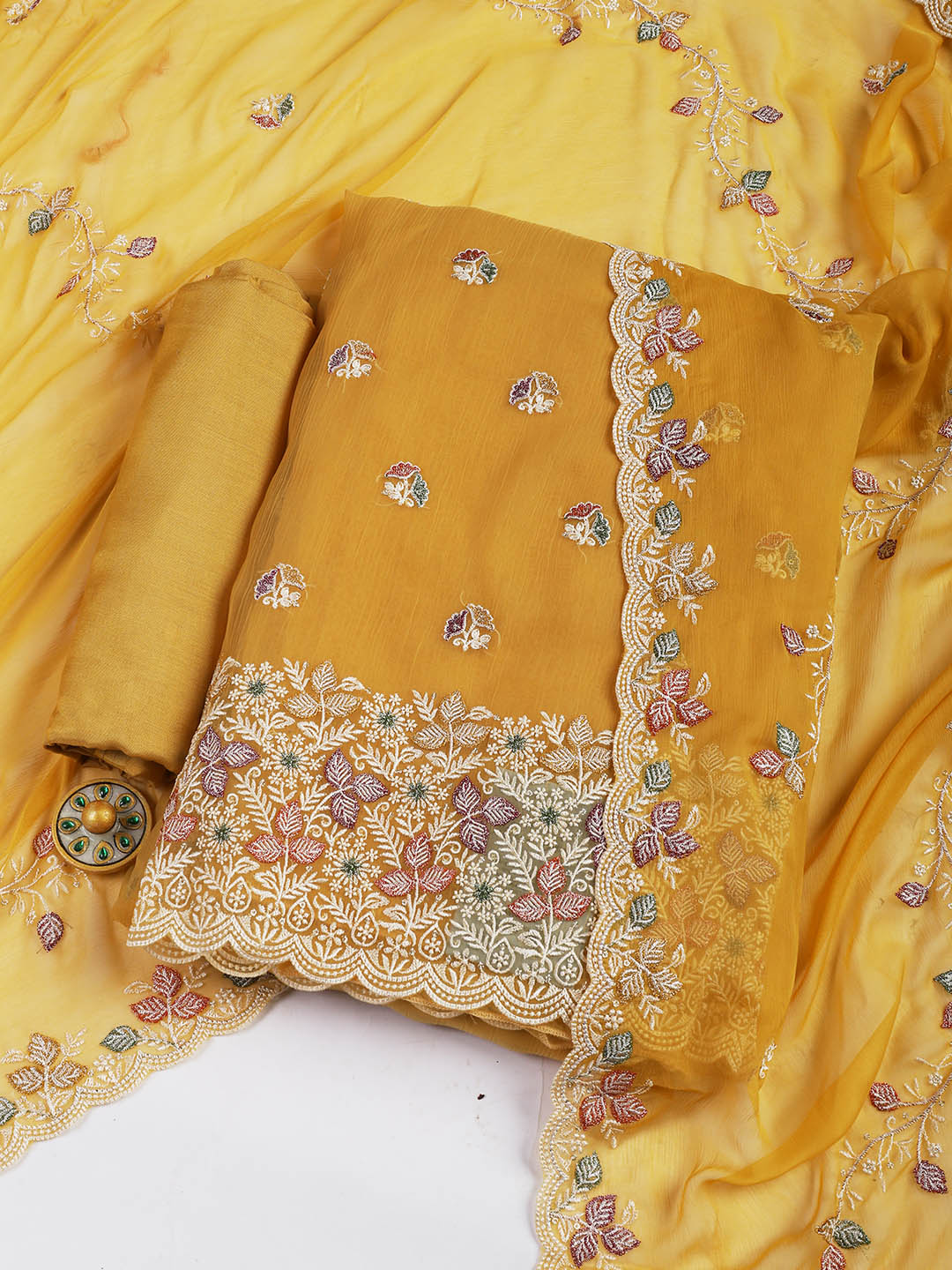 Embroidered Chinnon Unstitched Suit Piece With Dupatta