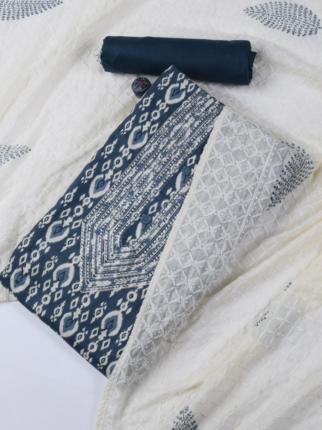 Neck Work Cotton Blend Unstitched Suit With Dupatta