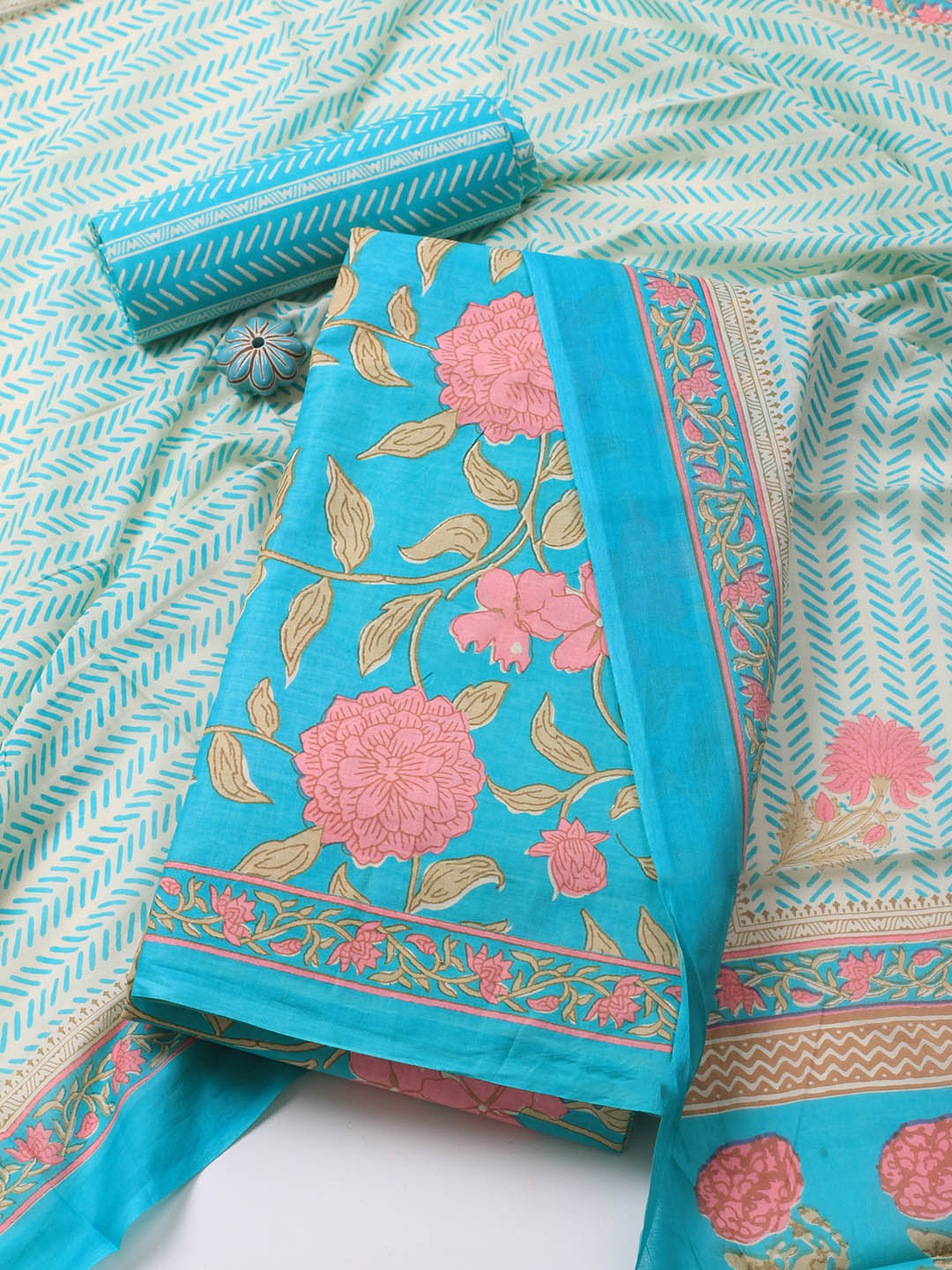 Printed Cotton Blend Unstitched Suit Piece With Dupatta