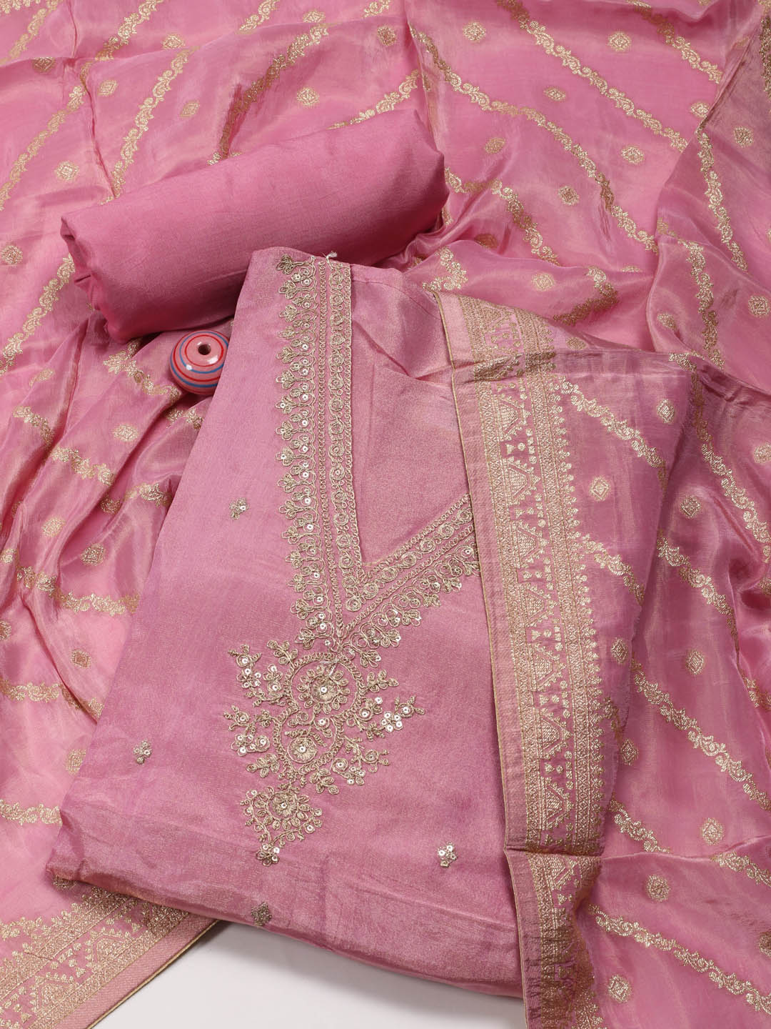 Neck Embroidery Chanderi Unstitched Suit With Dupatta