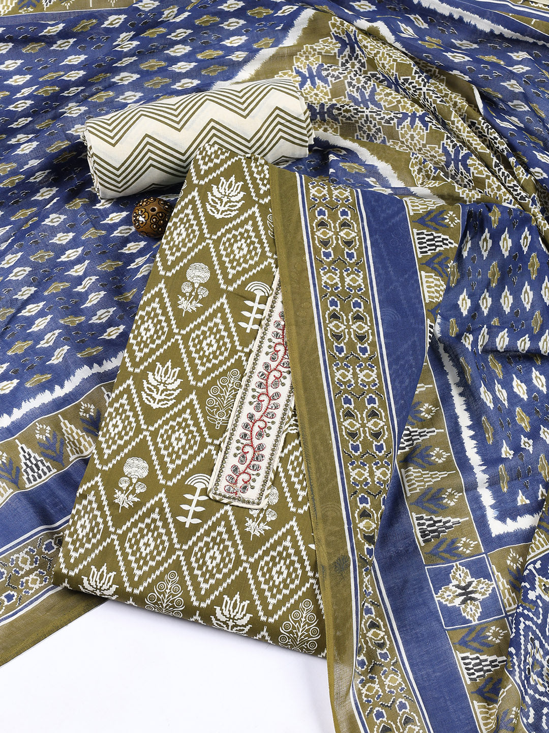 Neck Patti Cotton Blend Unstitched Suit With Dupatta