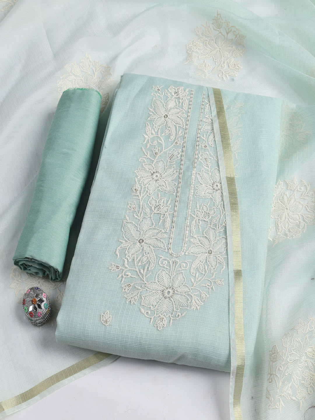 Neck Embroidered Cotton Blend Unstitched Suit With Dupatta