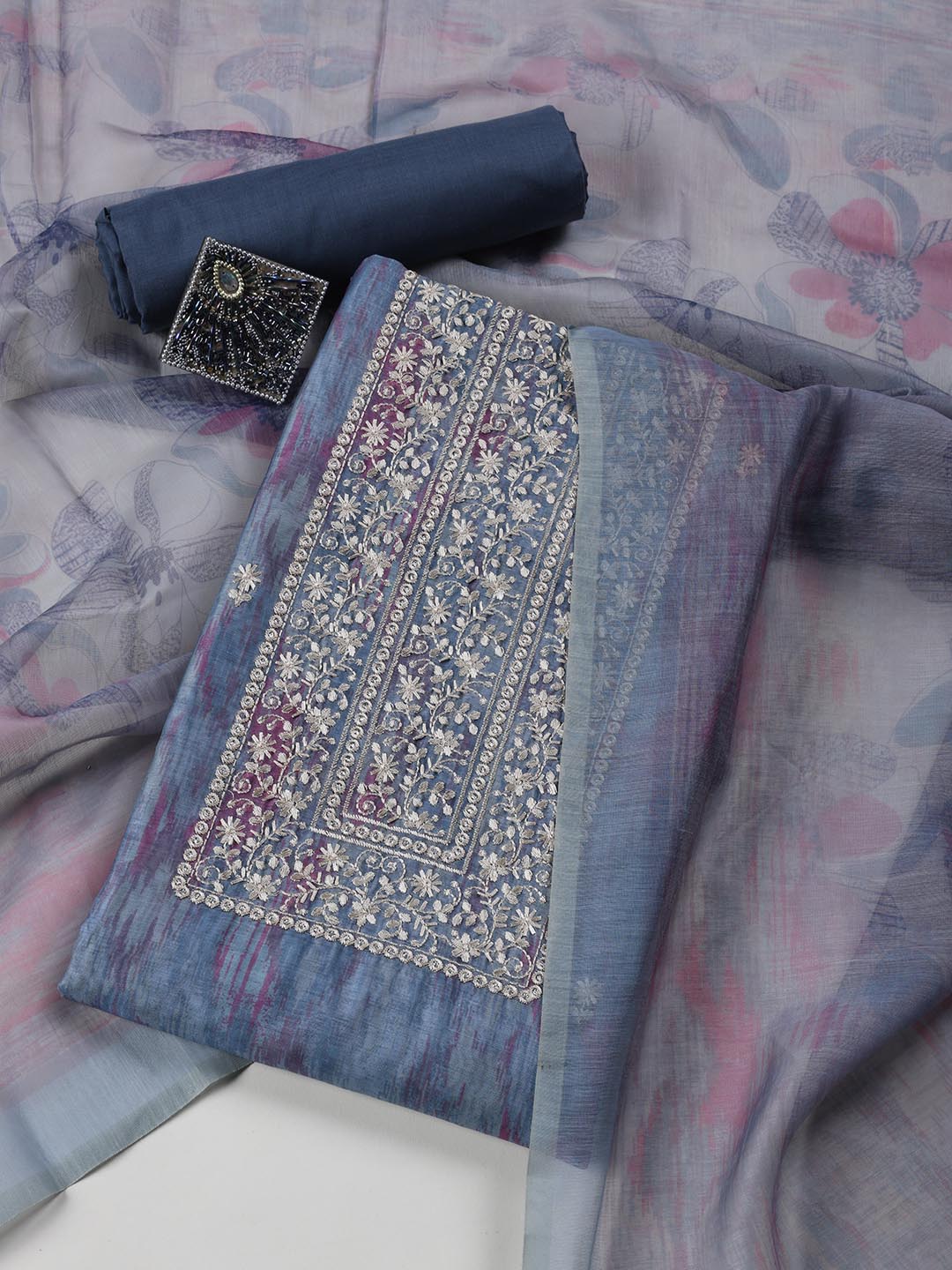 Neck Embroidered Chanderi Unstitched Suit Piece With Dupatta