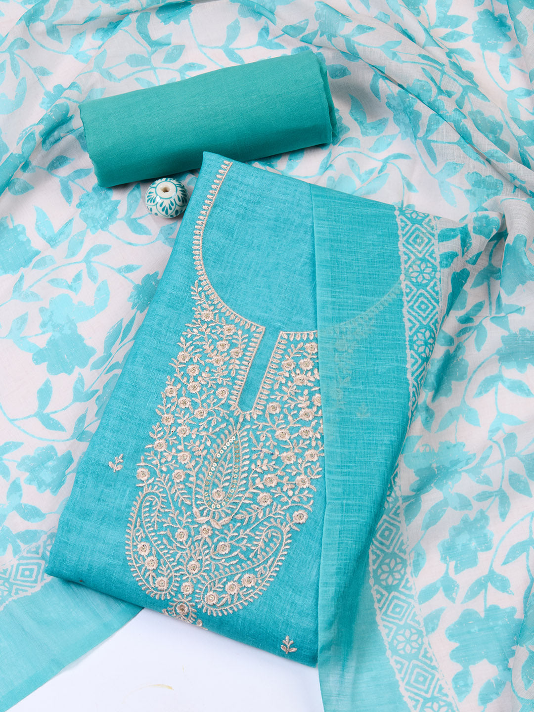 Neck Embroidered Cotton Blend Unstitched Suit With Dupatta