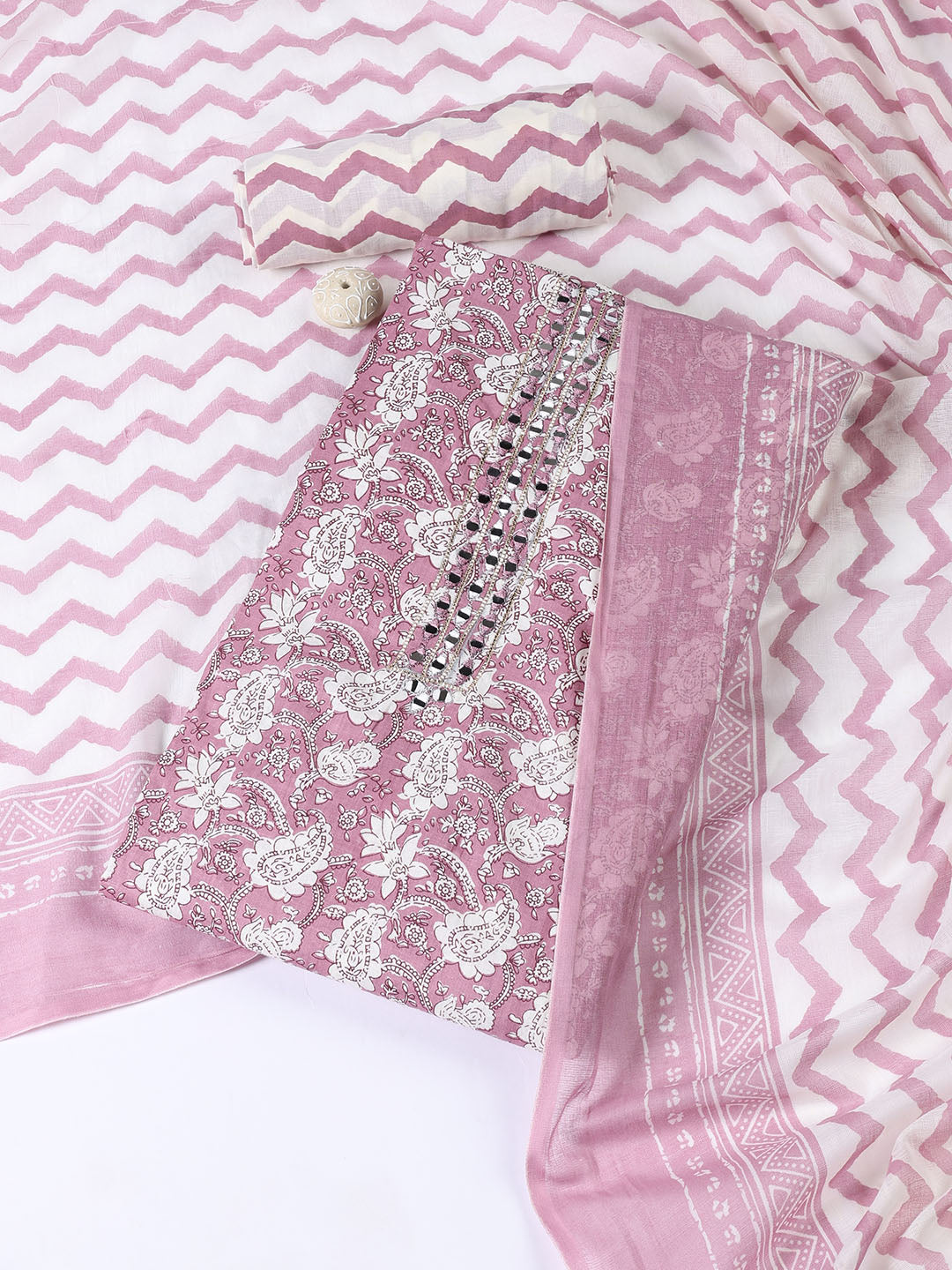 Printed Cotton Blend Unstitched Suit With Dupatta