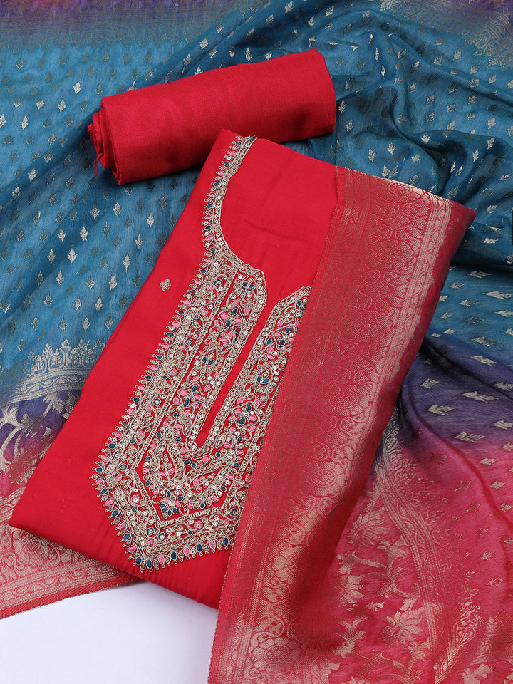 Neck Embroidered Chanderi Unstitched Suit With Dupatta