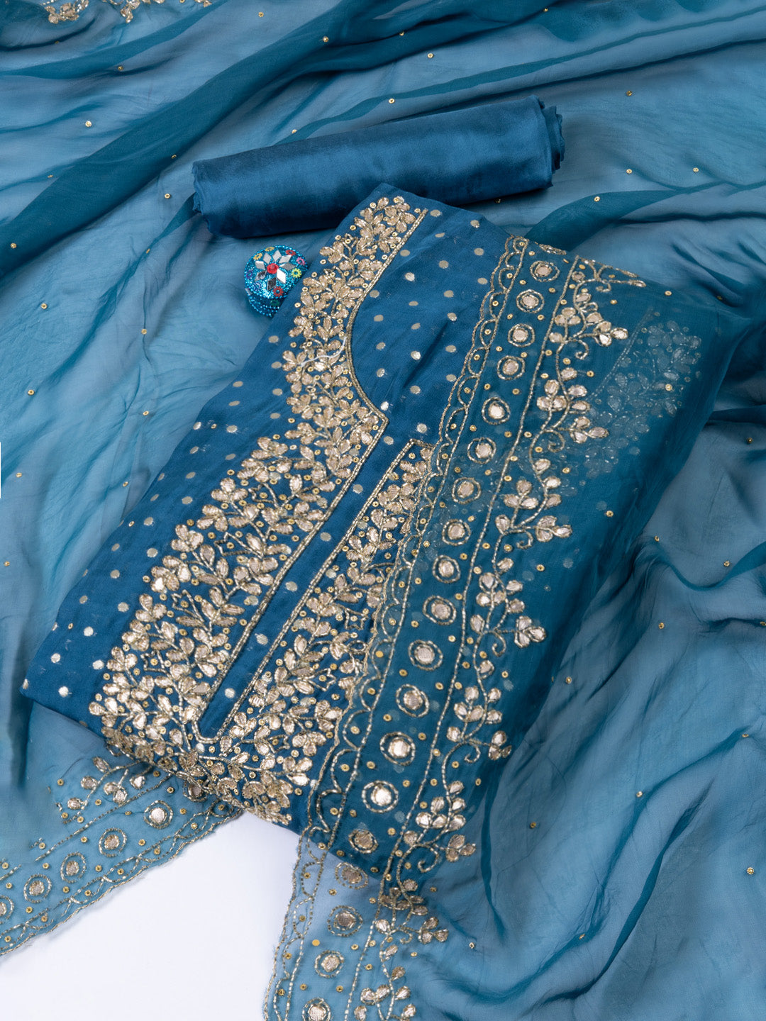 Neck Embroidery Organza Unstitched Suit Piece With Printed Dupatta
