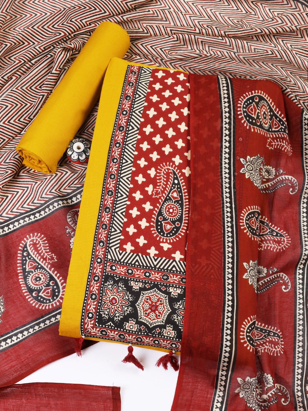 Patch Neck Cotton Blend Unstitched Suit With Dupatta