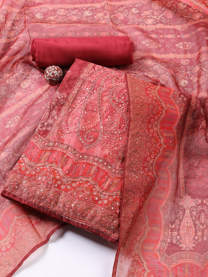 Embroidered Chanderi Unstitched Suit With Dupatta