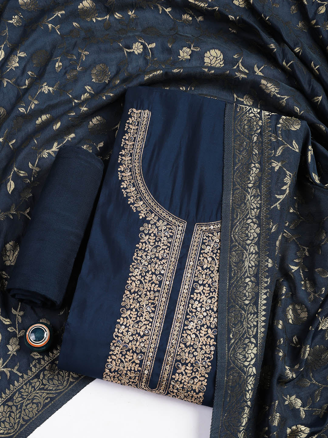 Embroidered Chanderi Unstitched Suit Piece With Dupatta