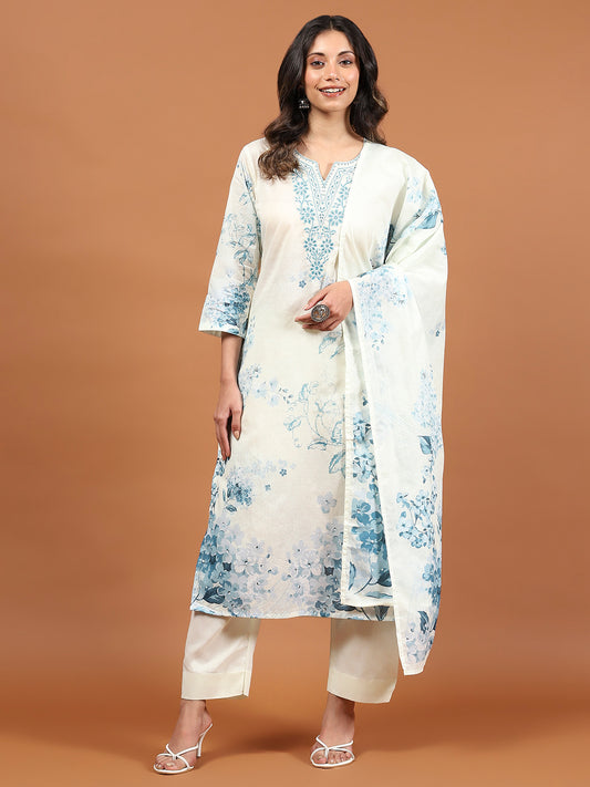 Printed Cotton Blend Kurta With Pants & Dupatta