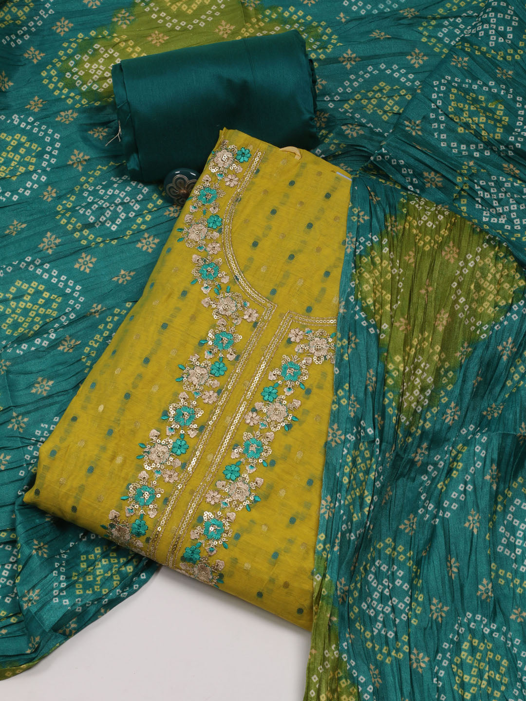 Neck Embroidered Chanderi Unstitched Suit Piece With Dupatta