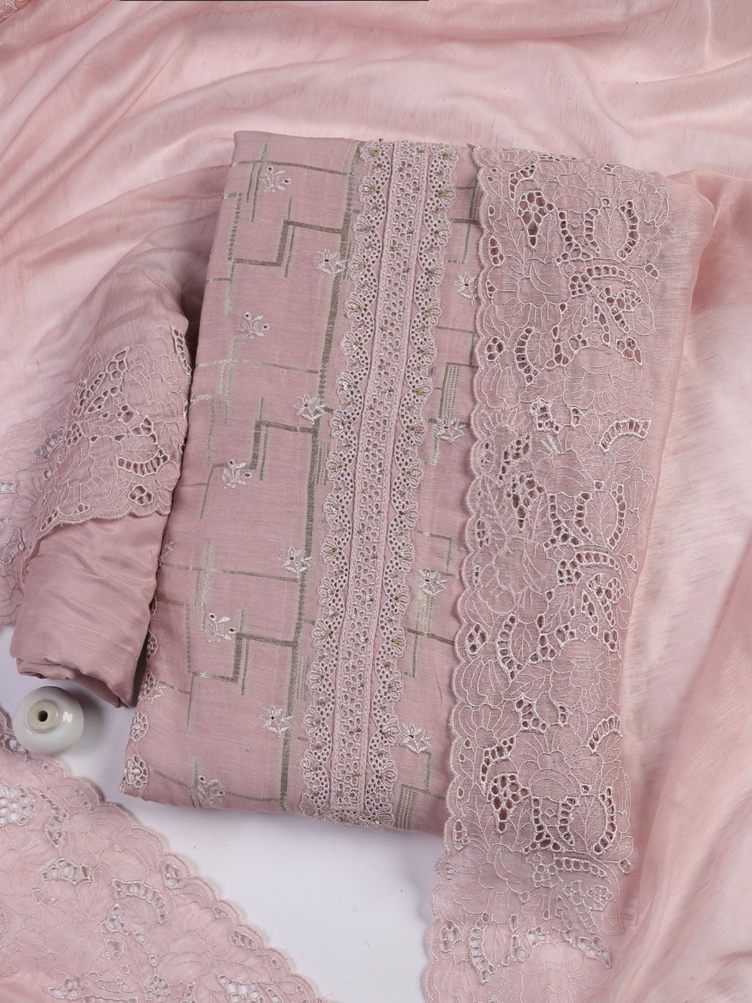 Embroidery Linen Unstitched Suit With Dupatta