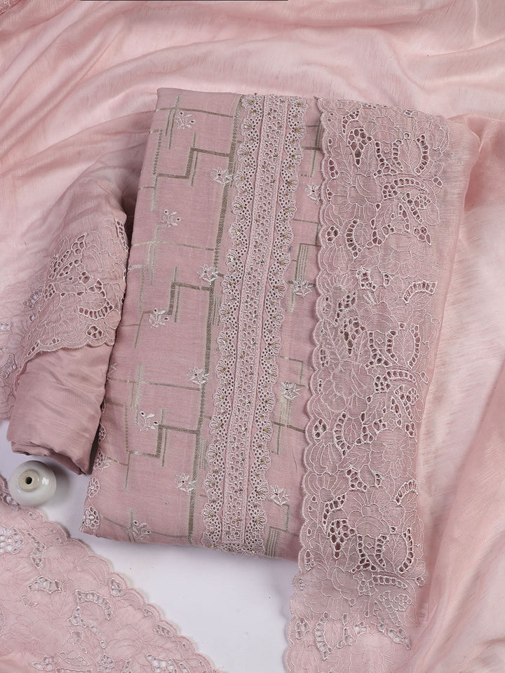 Embroidery Linen Unstitched Suit With Dupatta