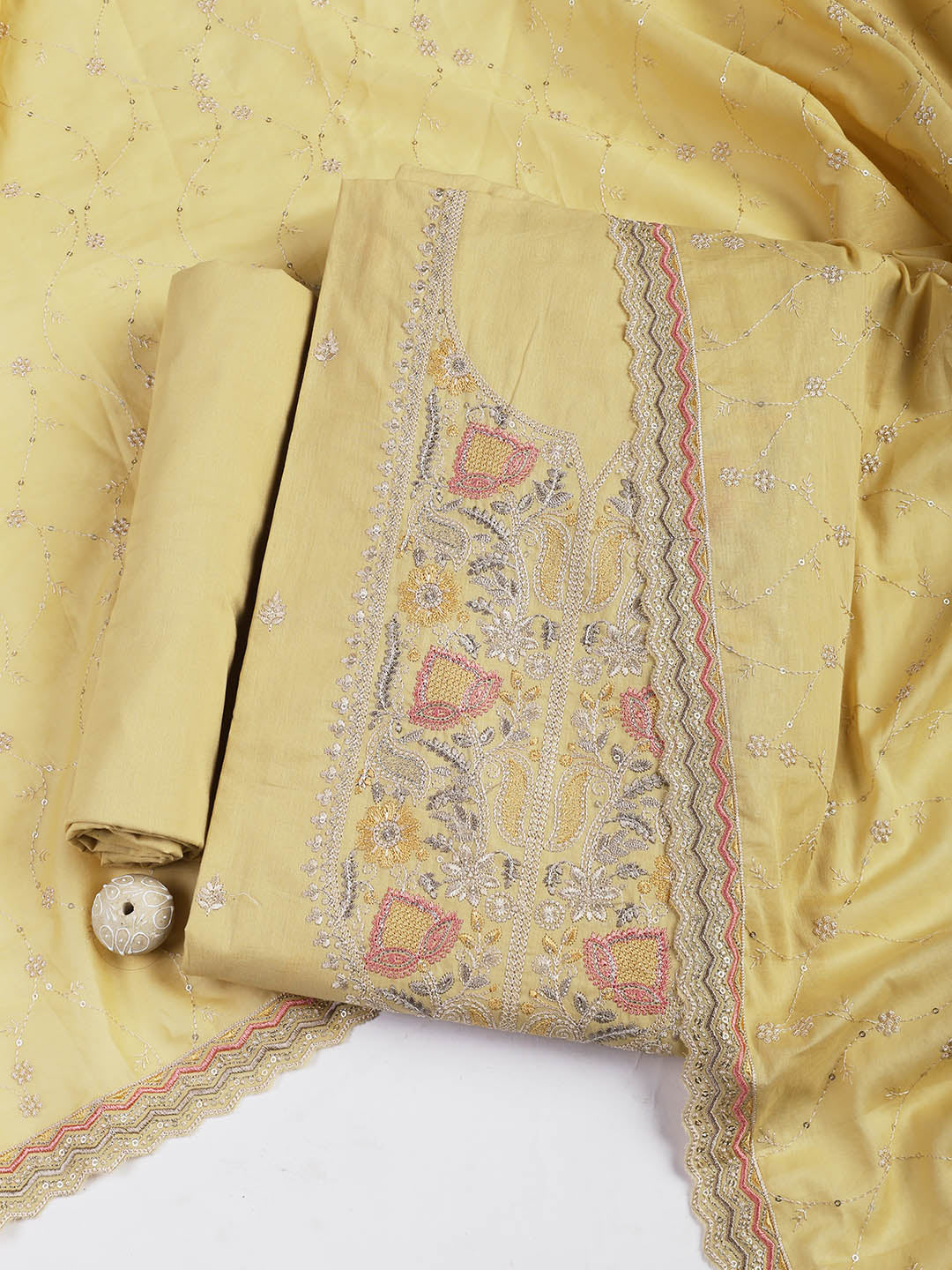Embroidered Cotton Blend Unstitched Suit Piece With Dupatta