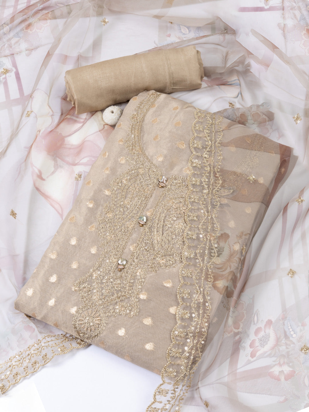 Neck Embroidered Tissue Unstitched Suit Piece With Dupatta