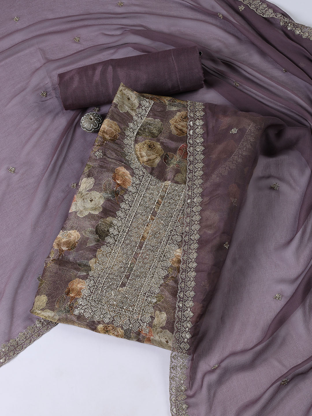 Neck Embroidered Tissue Unstitched Suit With Dupatta