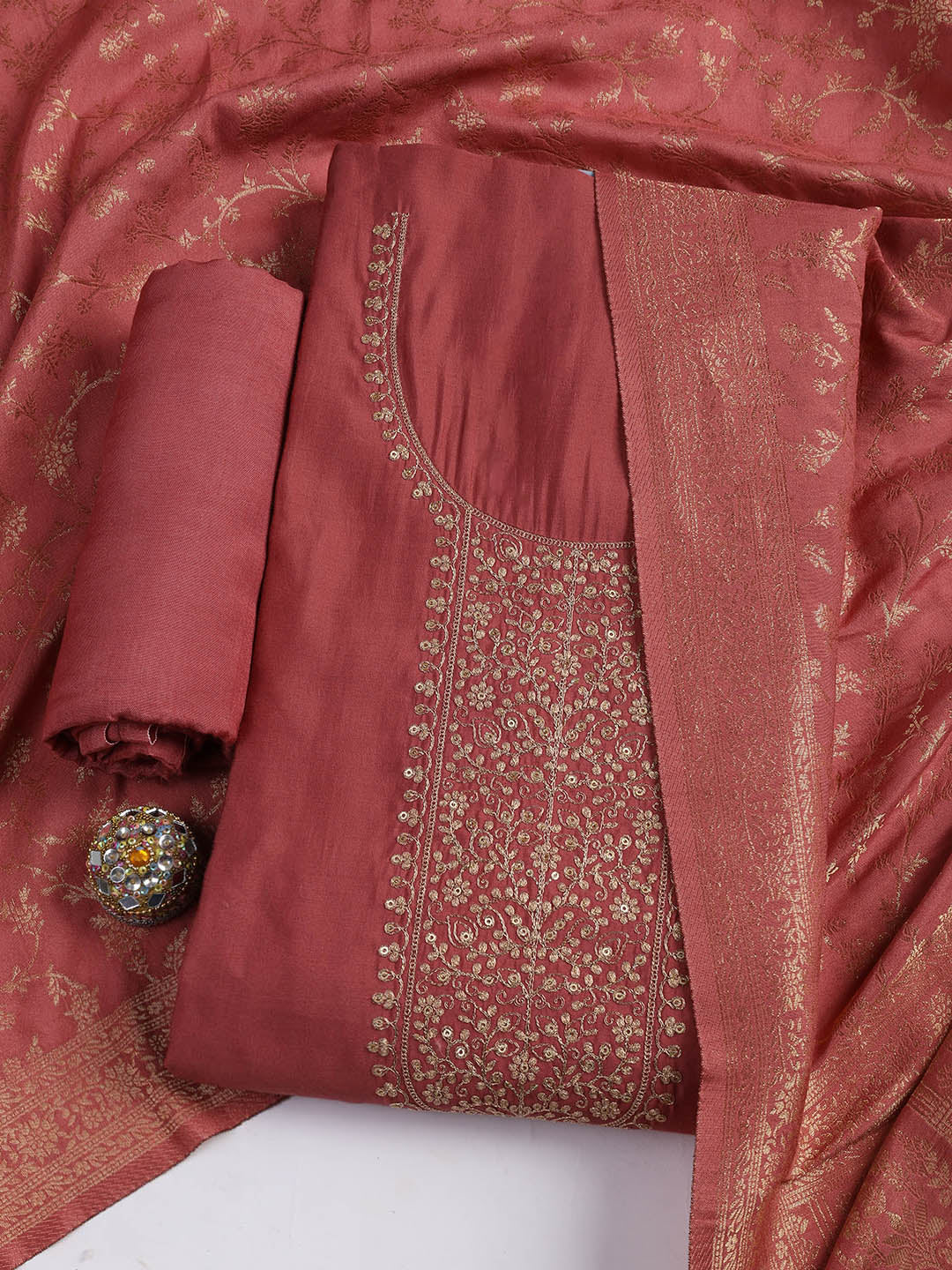 Embroidered Chanderi Unstitched Suit Piece With Dupatta