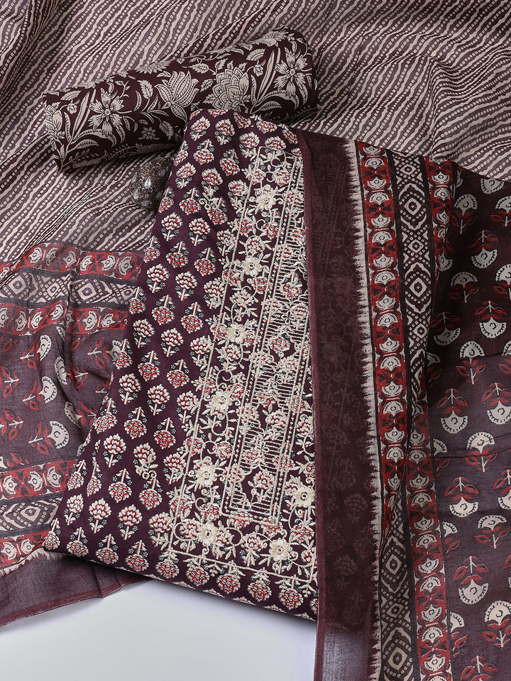 Floral Printed Cotton Unstitched Suit With Dupatta