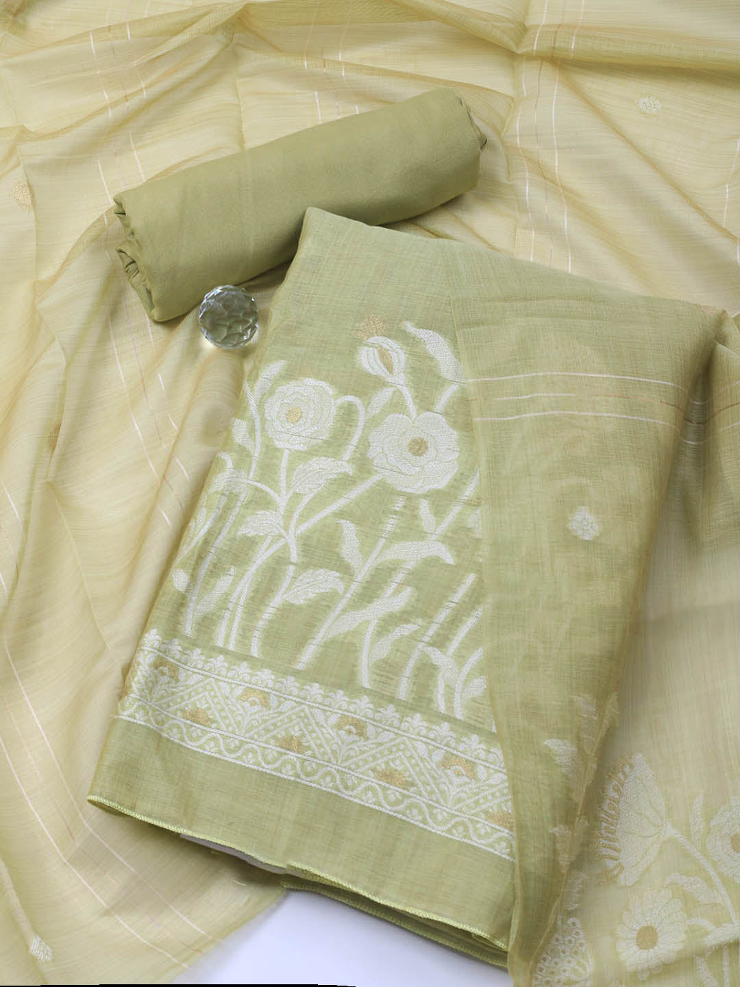 Neck Embroidery Chanderi Unstitched Suit With Dupatta