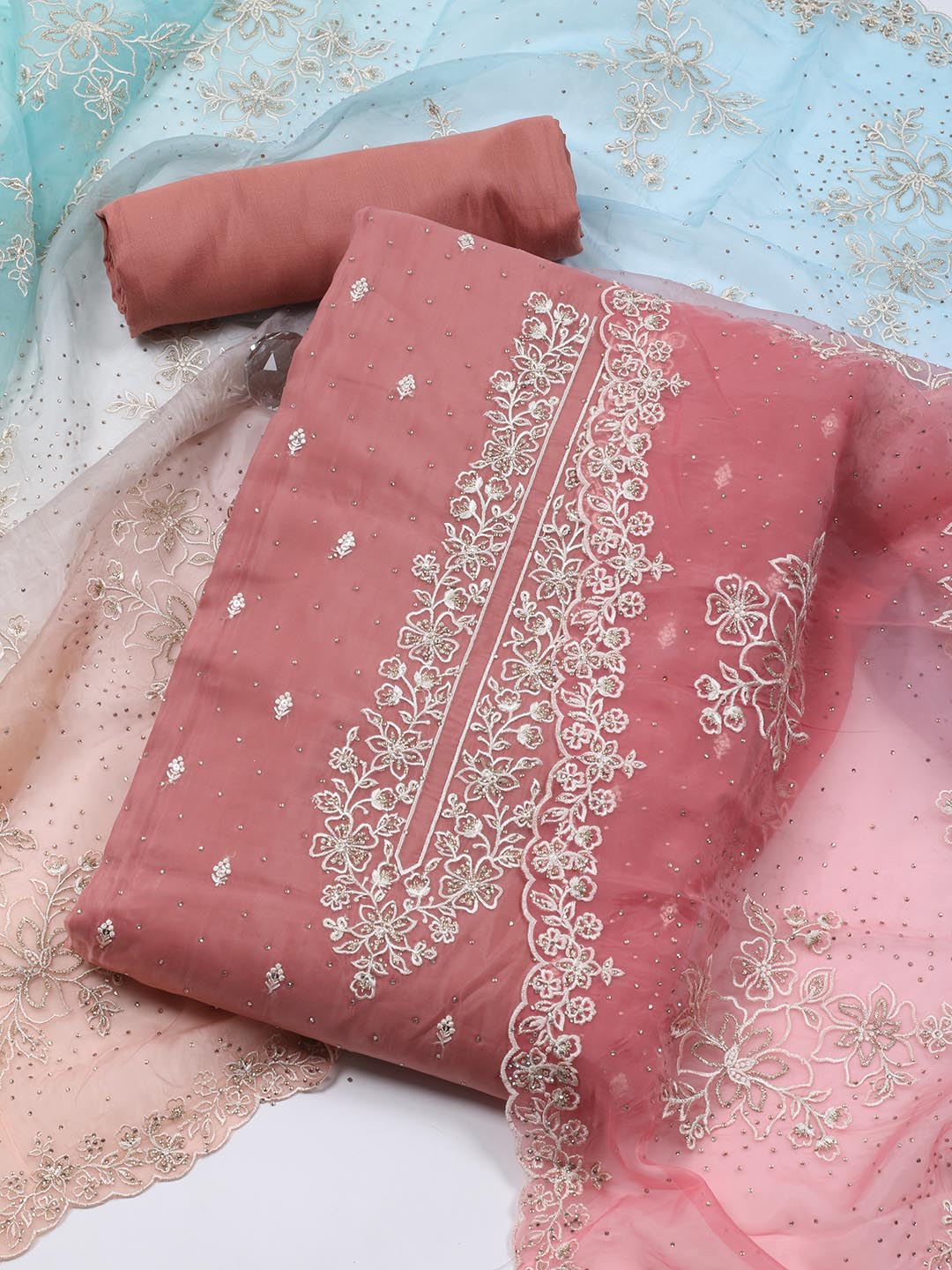 Neck Embroidery Organza Unstitched Suit Piece With Dupatta