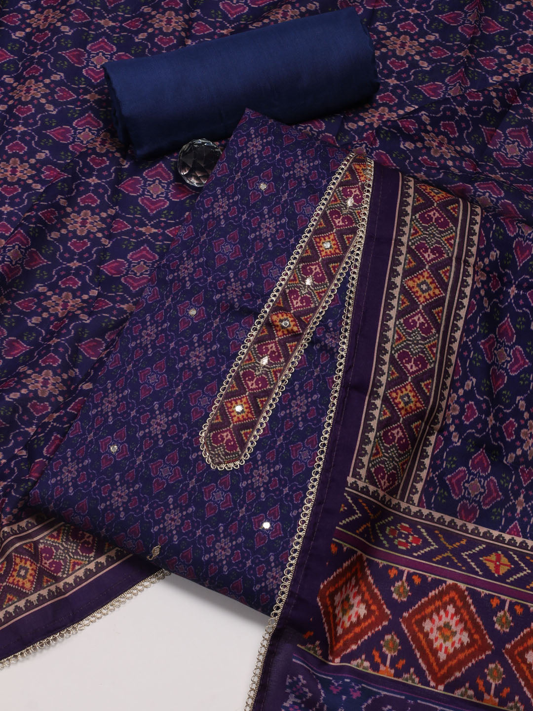 Neck Patti Chanderi Unstitched Suit With Dupatta