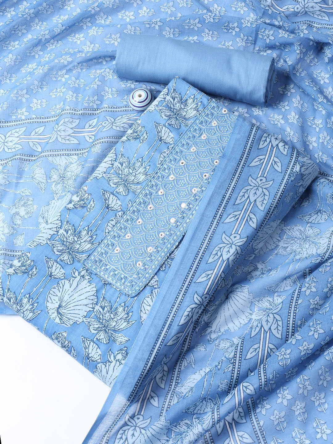 Neck Woek Cotton Blend Unstitched Suit With Dupatta