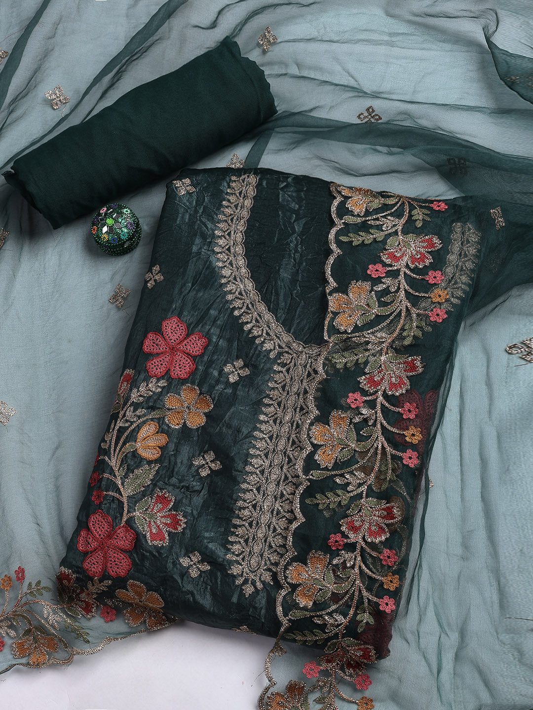 Neck Embroidery Organza Unstitched Suit Piece With Dupatta