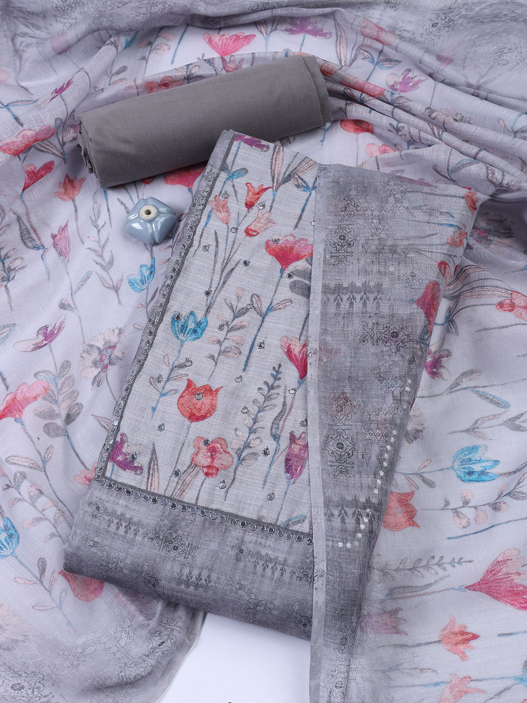 Neck Embroidered Linen Unstitched Suit Piece With Dupatta