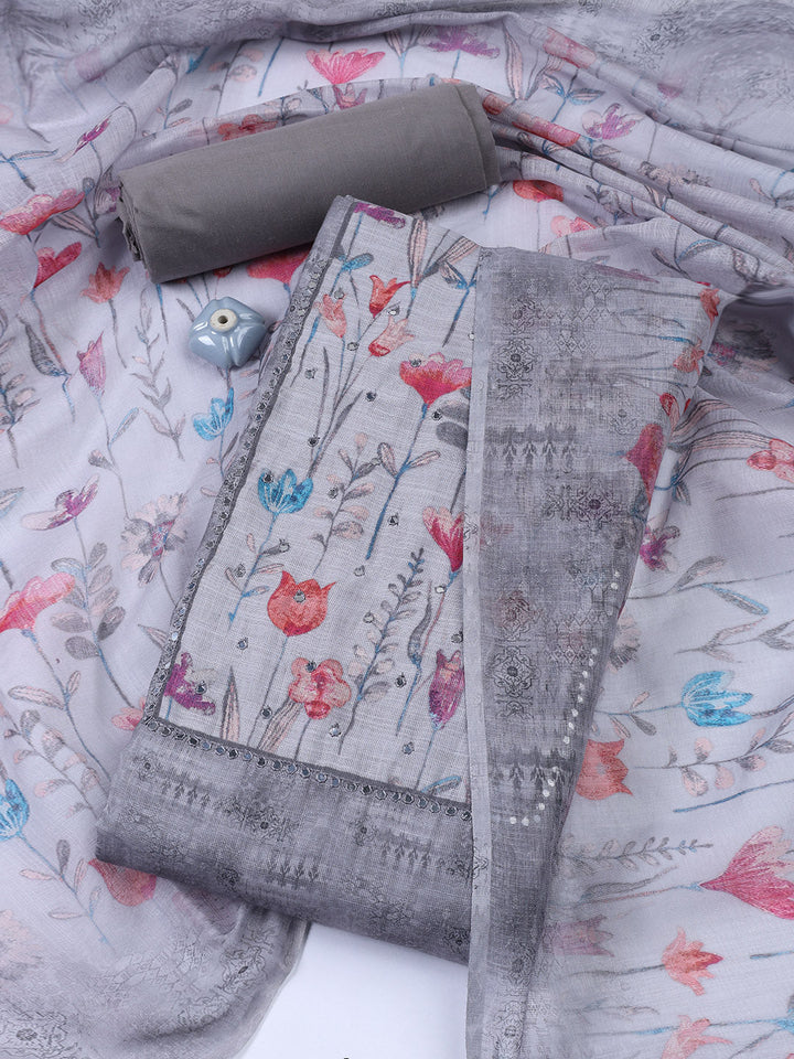 Neck Embroidered Linen Unstitched Suit Piece With Dupatta