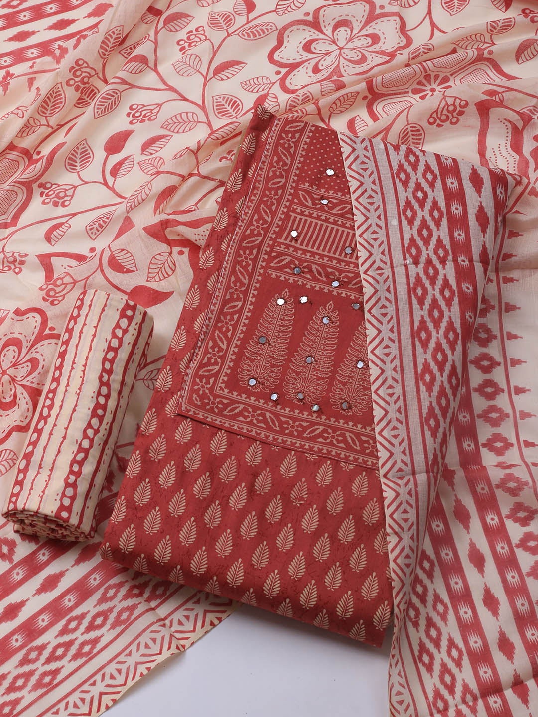 Printed Cotton Blend Unstitched Suit With Dupatta