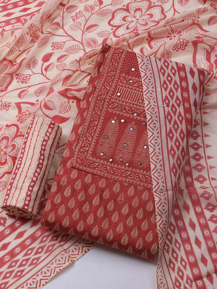Printed Cotton Blend Unstitched Suit With Dupatta