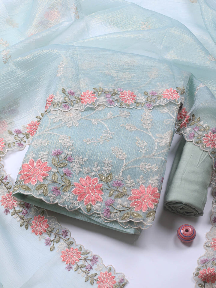 Neck Embroidery Organza Unstitched Suit Piece With Dupatta