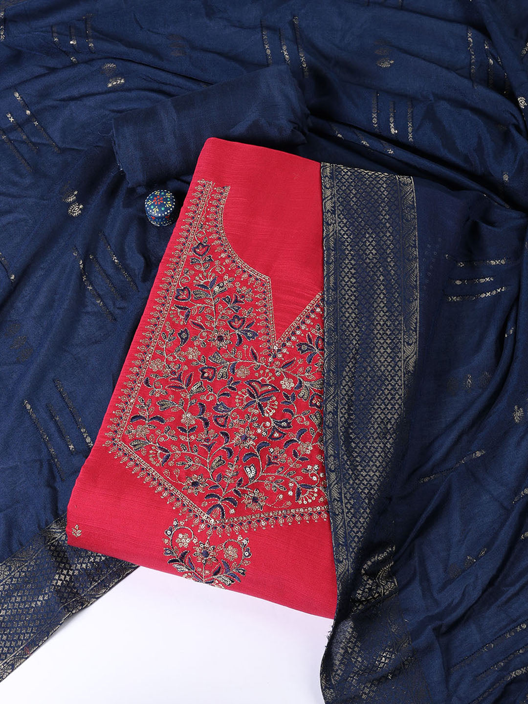 Neck Embroidered Chanderi Unstitched Suit Piece With Dupatta