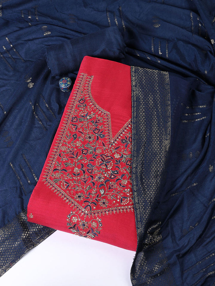 Neck Embroidered Chanderi Unstitched Suit Piece With Dupatta
