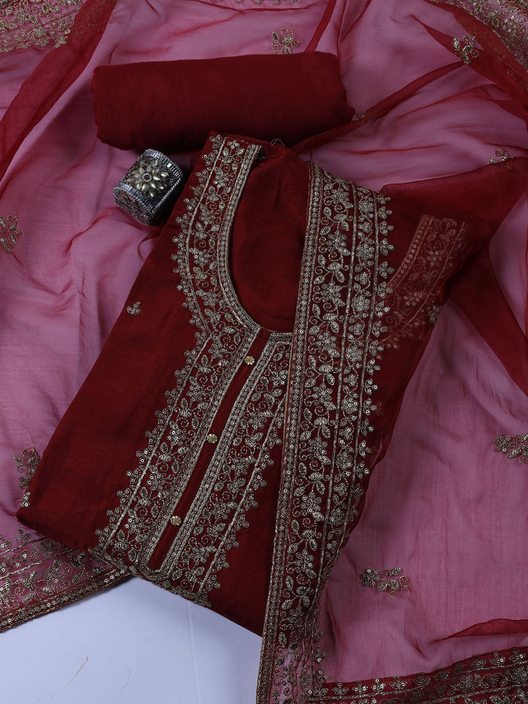 Neck Embroidered Chanderi Unstitched Suit With Dupatta