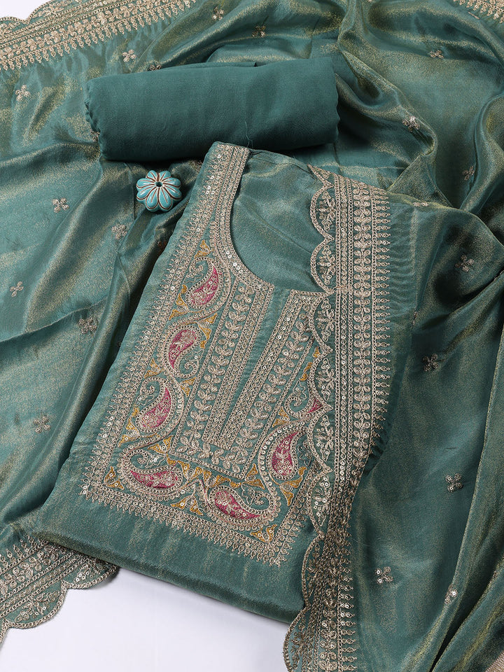 Neck Embroidered Tissue Unstitched Suit With Dupatta