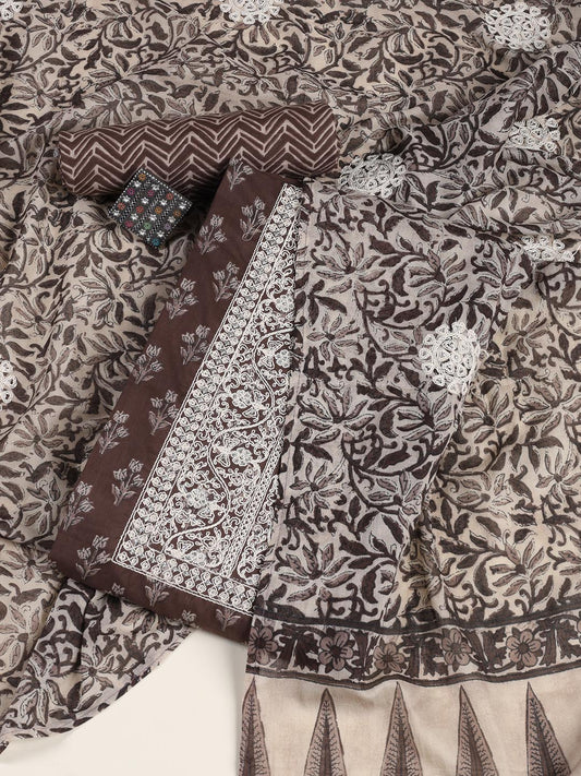 Printed Cotton Blend Unstitched Suit Piece With Dupatta