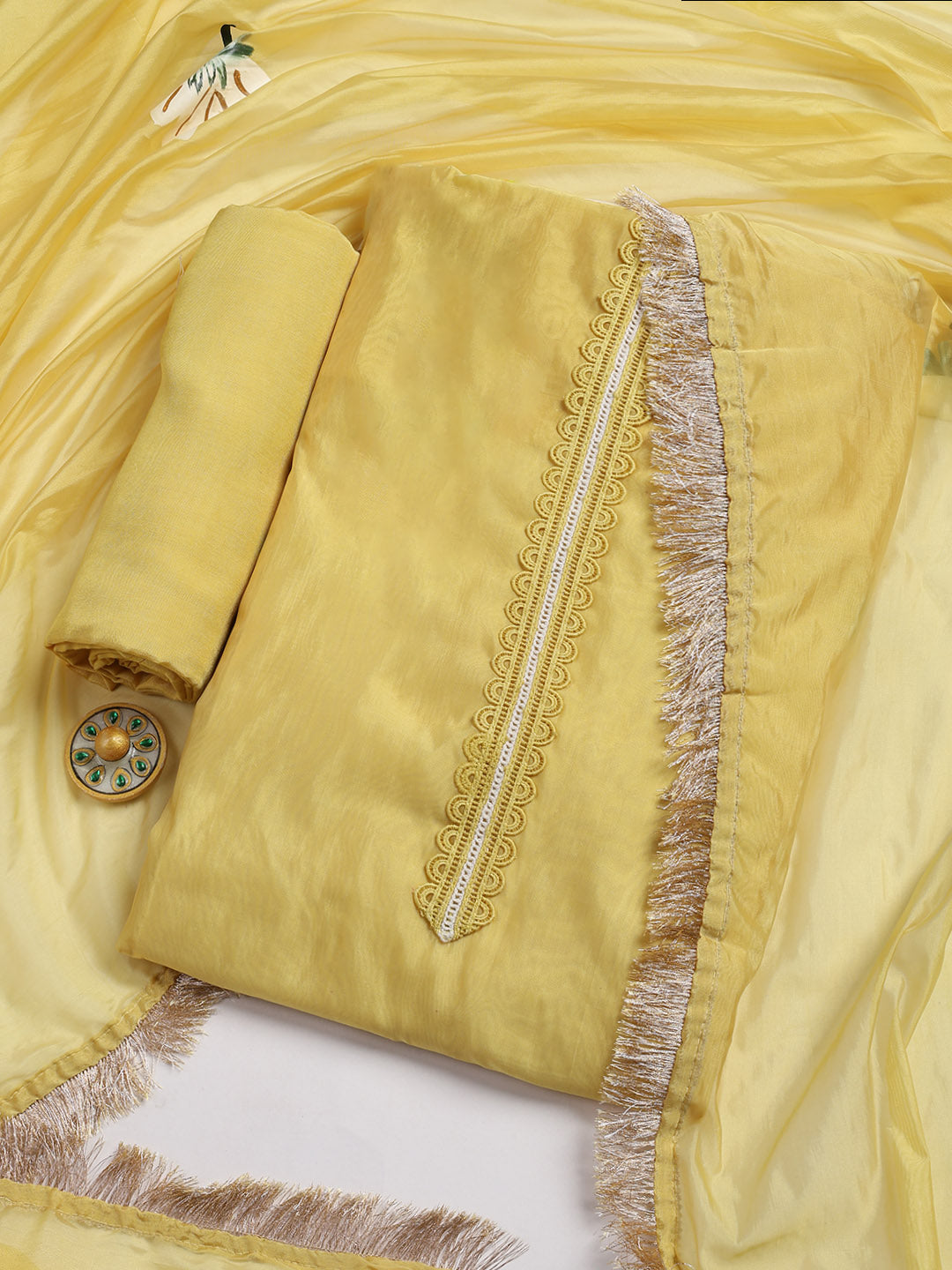 Patch Neck Organza Unstitched Suit Piece With Dupatta